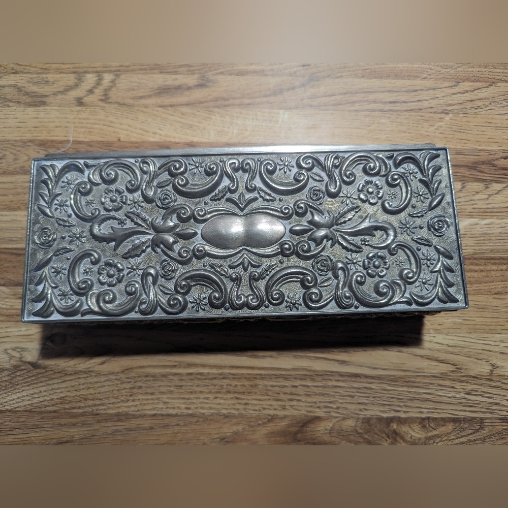 Rare antique Godinger silver plate floral pattern jewelry box with mirror